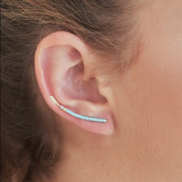 Moodtherapy Jewelry - Long Turquoise Ear Crawlers Climber Earrings 925 Sterling Silver Gold or Rose